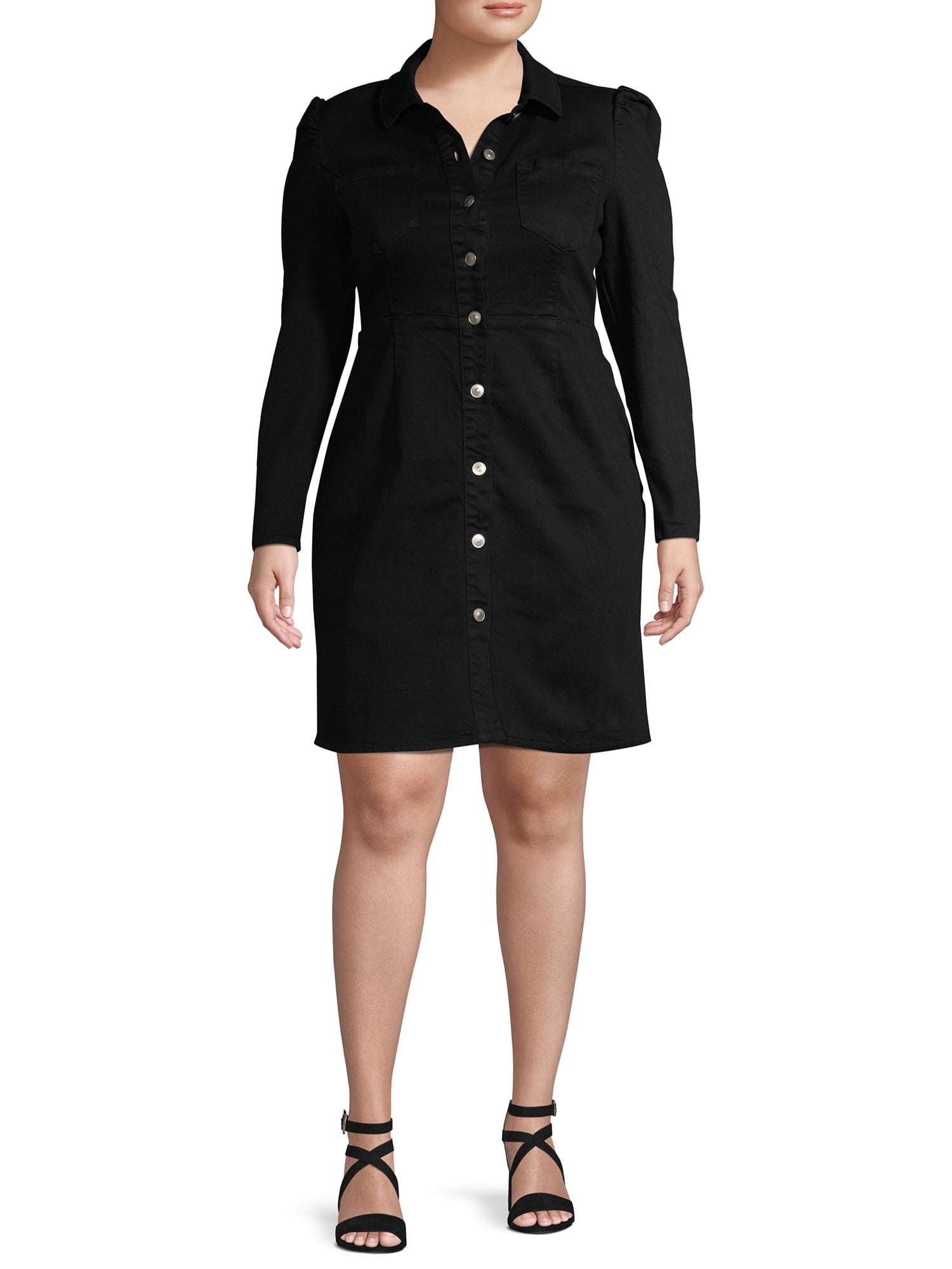 plus button front denim dress