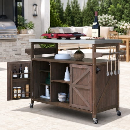 DEALTOPS Outdoor Kitchen Island Rolling Bar Cart, Wood BBQ Grill Prep Table with Stainless Steel Top, Brown