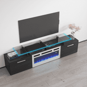 Rova WH-EF Fireplace TV Stand for TVs up to 85, Modern High Gloss 75 Entertainment Center, Electric Fireplace TV Media Console with Storage Cabinets and LED Lights