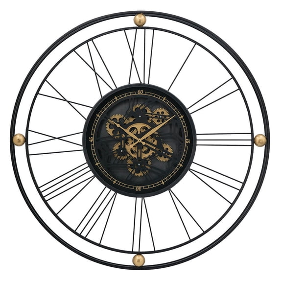 Wall Clocks 31.5x3x31.5" Large Gear Clock with Roman Numerals and Thin Metal Frame, Black/Gold,Table Clocks