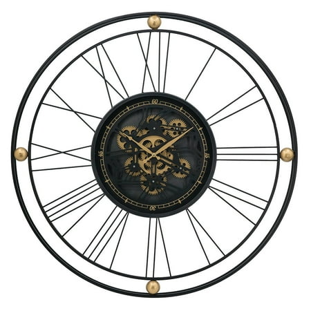 Wall Clock 31.5x3x31.5 Large Gear Clock with Roman Numerals and Thin Metal Frame, Black/Gold,Modern Wall Clock