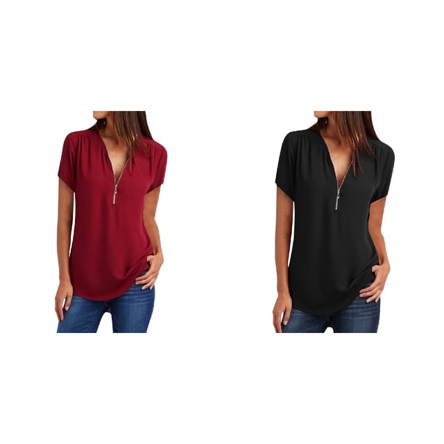 (Lot de 2) Rinsvye T-Shirt Décontracté Ample à Col à Fermeture à Glissière en Spandex pour Femmes, Col Roulé Simulé, Manches Longues, Compression
