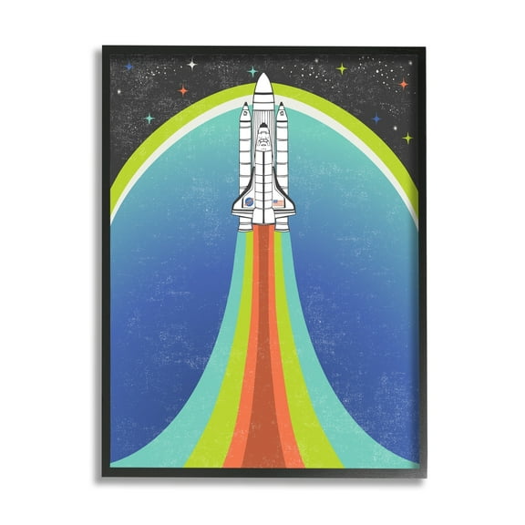 Stupell Industries Rocket Ship Taking Off Outer Space Striped Pattern Framed Wall Art, 16 x 20, Design by Caroline Alfreds