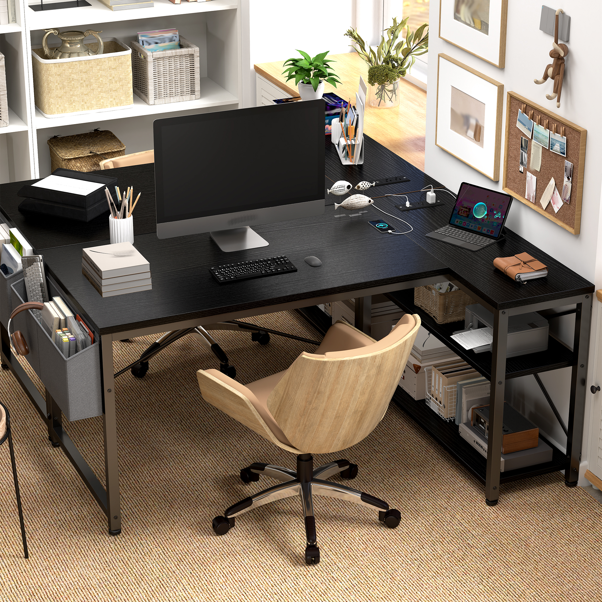 EnHomee L-Shaped Computer Desk with Charging Station, Small Desk with Storage Shelves for Gaming, Writing, Black