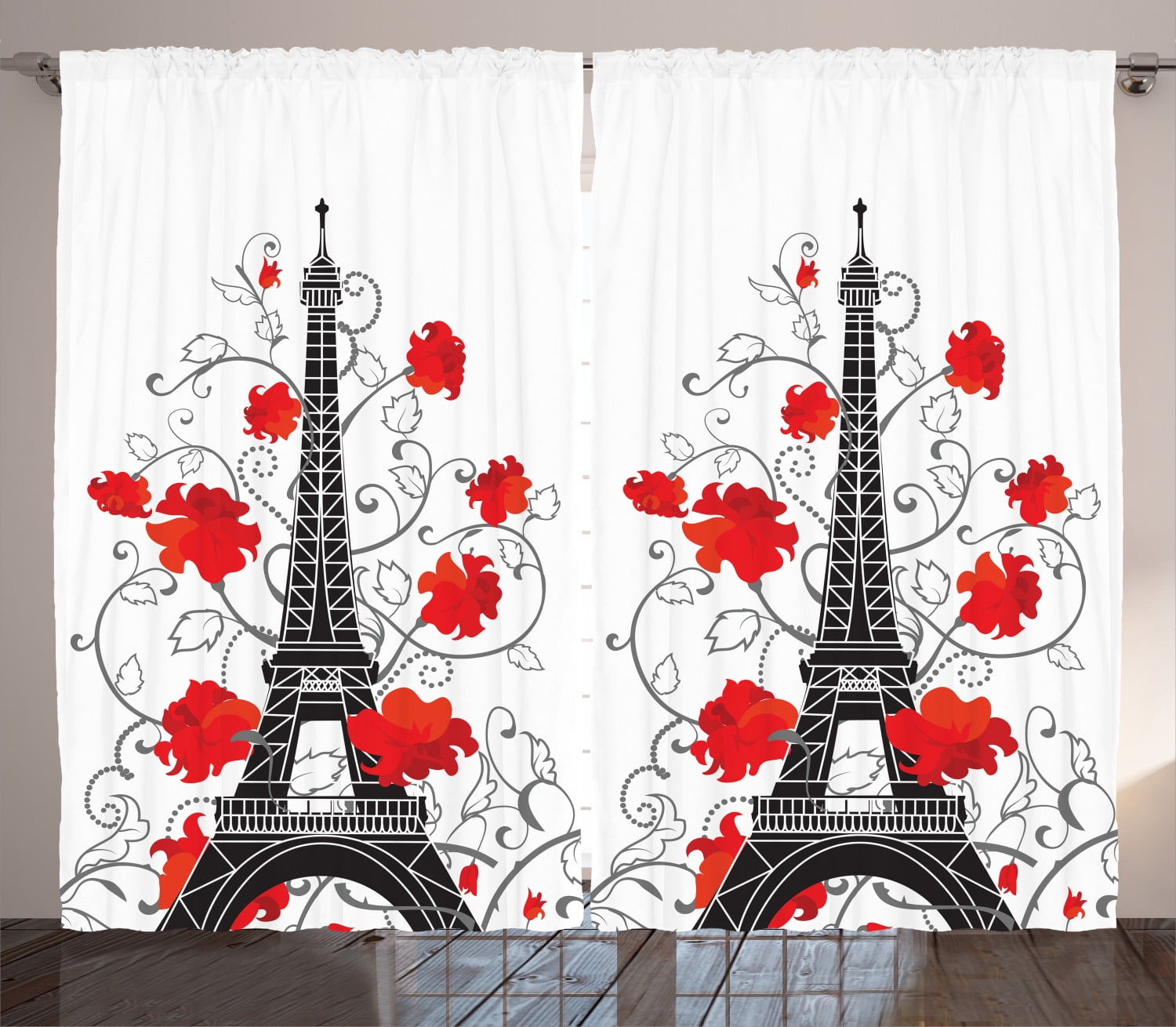 Window Curtain Fabric Eiffel Tower Bicycle Flower Basket Blackout Drapes 2Panels