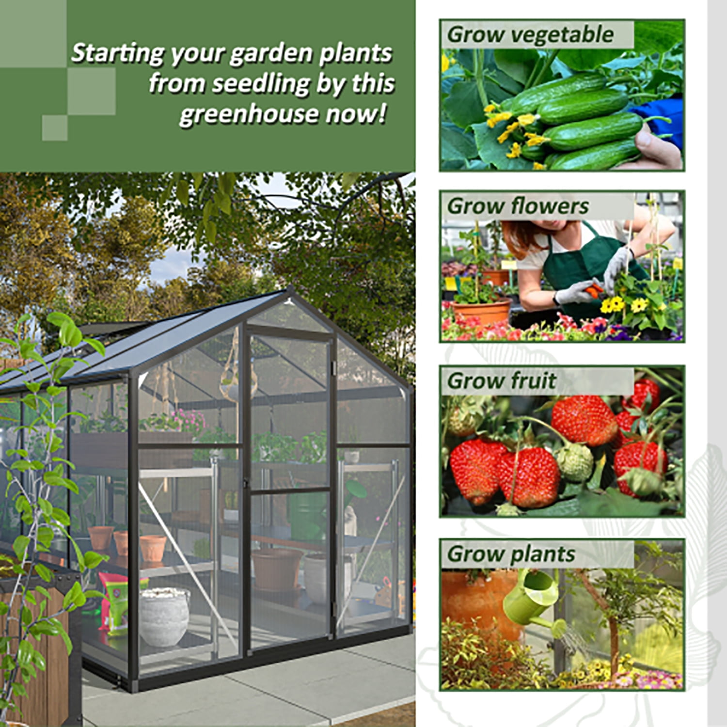 KEHOMY 6'x 8' Polycarbonate Greenhouse, Heavy Duty Walk-in Plant Garden Greenhouse for Backyard/Outdoor，for Growing Flowers, Fruits, Vegetables, and Herbs,Green
