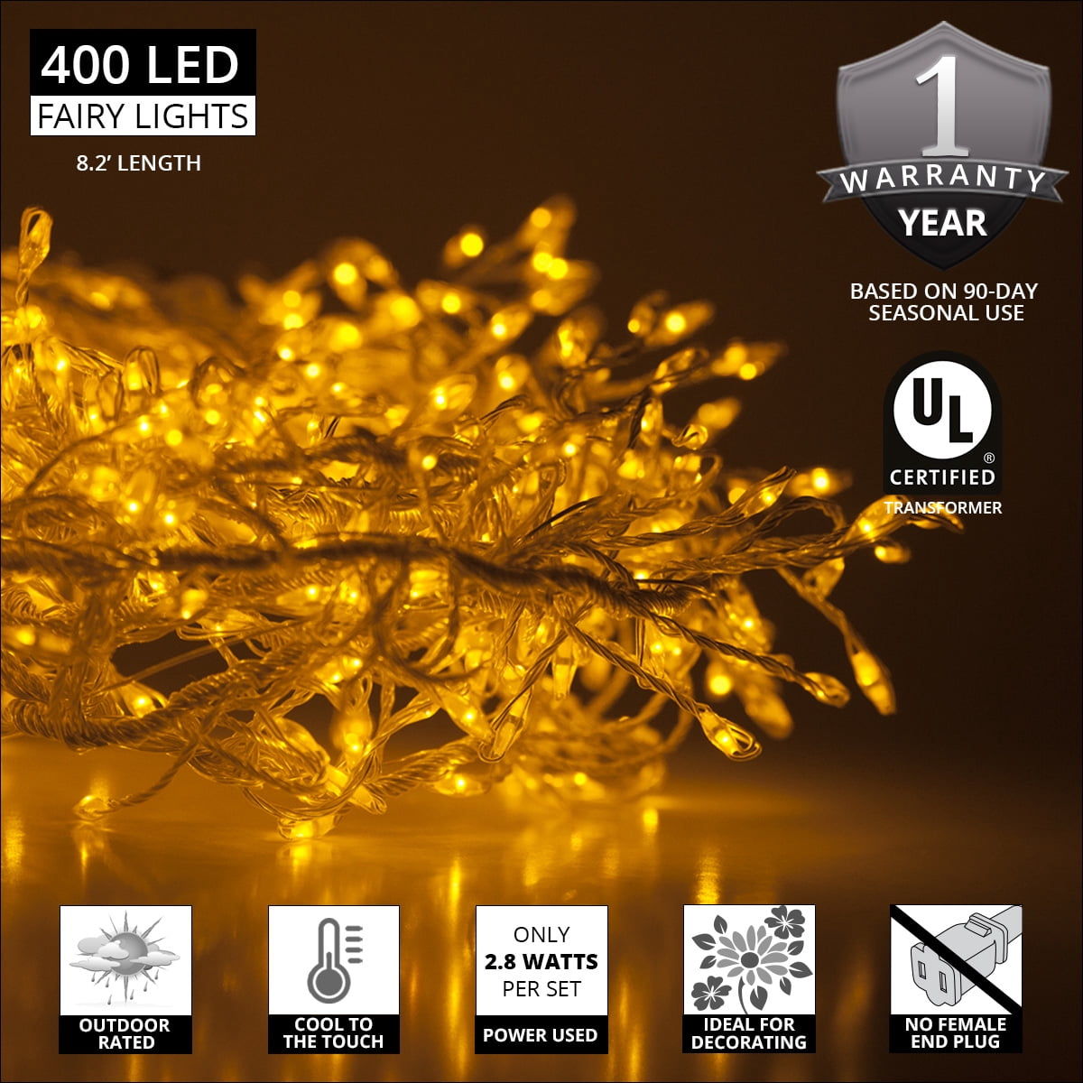 Wintergreen Lighting LED Fairy String Lights, Plug In Bedroom Fairy Lights, 400 Fairy Lights, 8.2 Ft Strand Length (Gold Lights on Gold Wire)