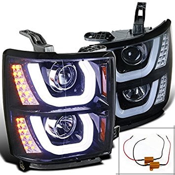 - Spec-D Tuning 2LHP-SIV14G-TM Chevy Silverado 1500 Glossy Black Halo LED Signal DRL Projector Headlights