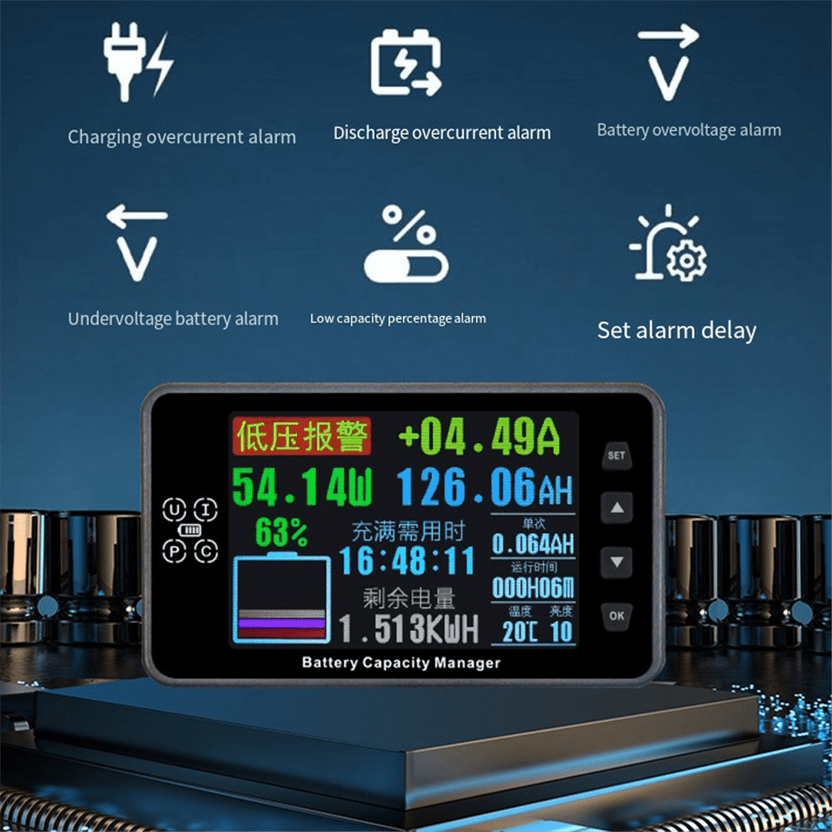 VA9910 3.5In 8-120V/0-300A Digital Voltmeter Ammeter Battery Capacity Indicator Hall Coulomb Meter Tester Power Detector,1x Monitor 1x Shunt 1x Wrench 1 Set x Connecting Cables,As Shown