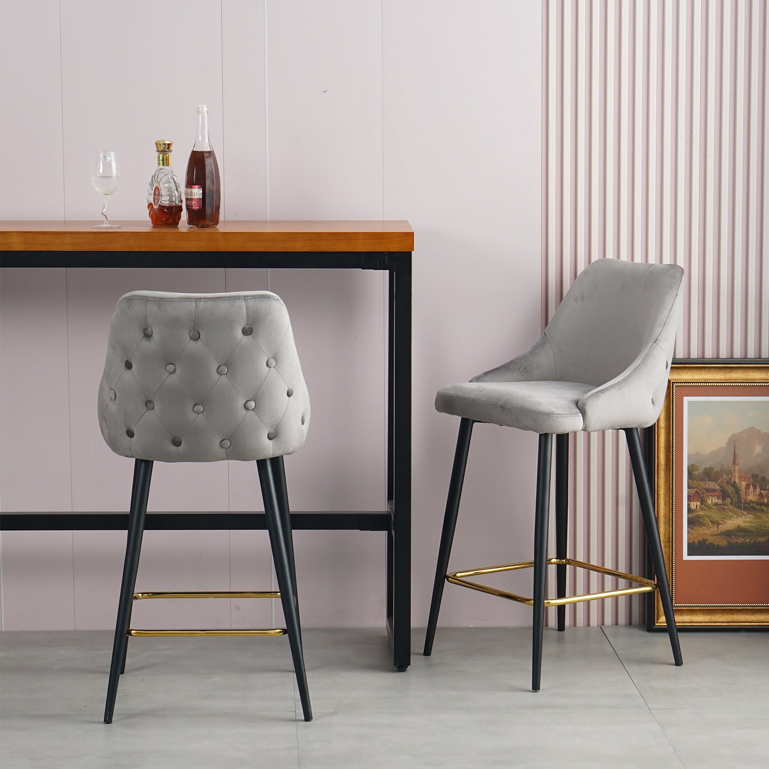 Kadyn Upholstered High Bar Stool Chair Set of 2, Modern Foam Bar Stools with Gold Legs, Bar Dining Chair for Dining Room, Gray