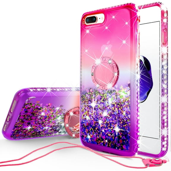 SPY Case for iPhone 8 Plus, 7 Plus / 6 Plus / 6S Plus, Sparkle Glitter Liquid Bling Diamond [Ring Holder & Neck Strap] Women Girls Cute Case