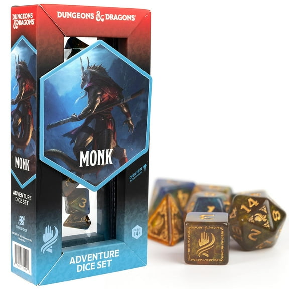 Dungeons & Dragons: D&D Adventure Dice: Monk - Blue & Gold - 12pc RPG Set, Class Symbols, Roleplaying Game Accessory, Sirius Dice, Officially Licensed