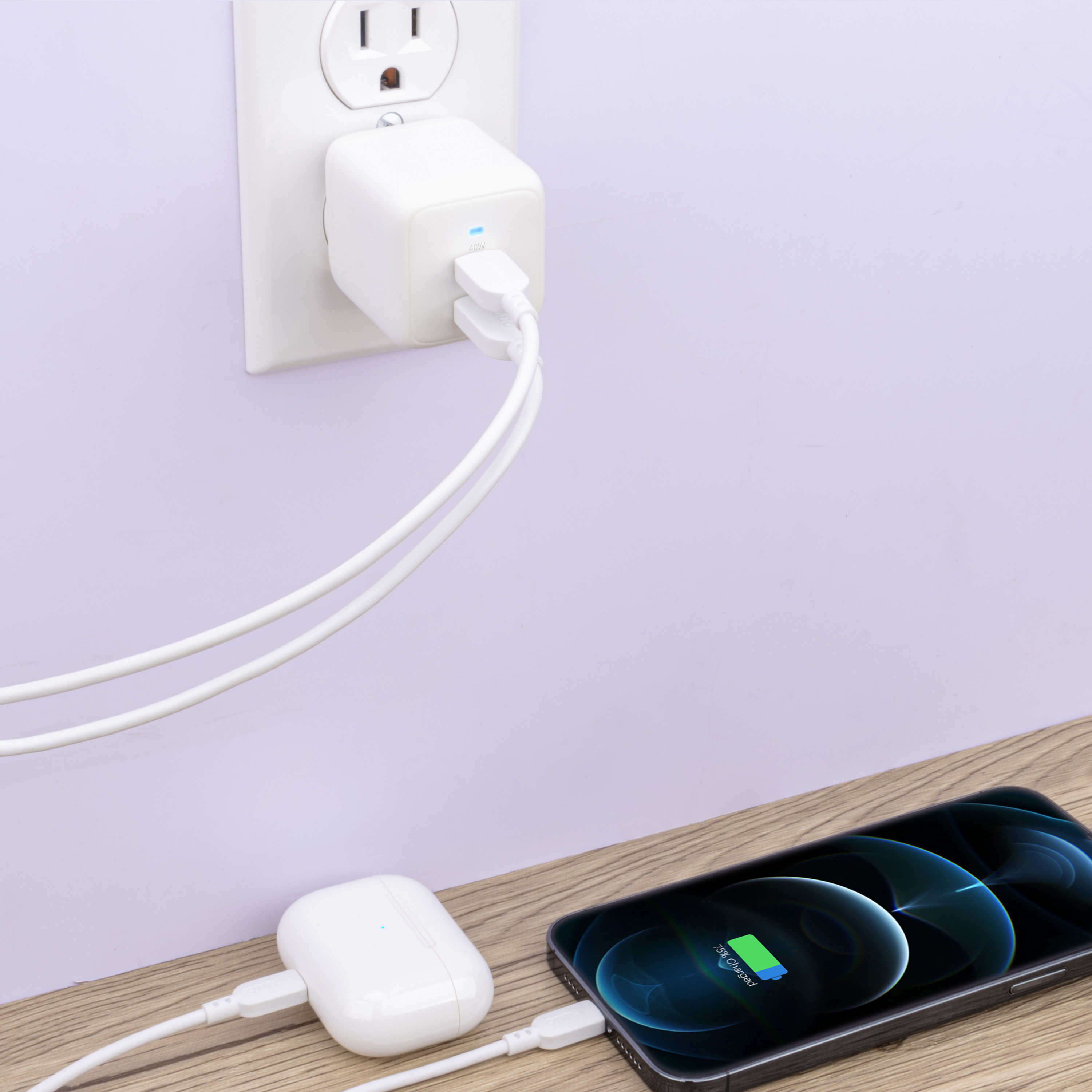 Cargador de pared onn de 40W con doble puerto USB-C, carga rápida, certificado USB-IF, enchufe plegable, blanco 4