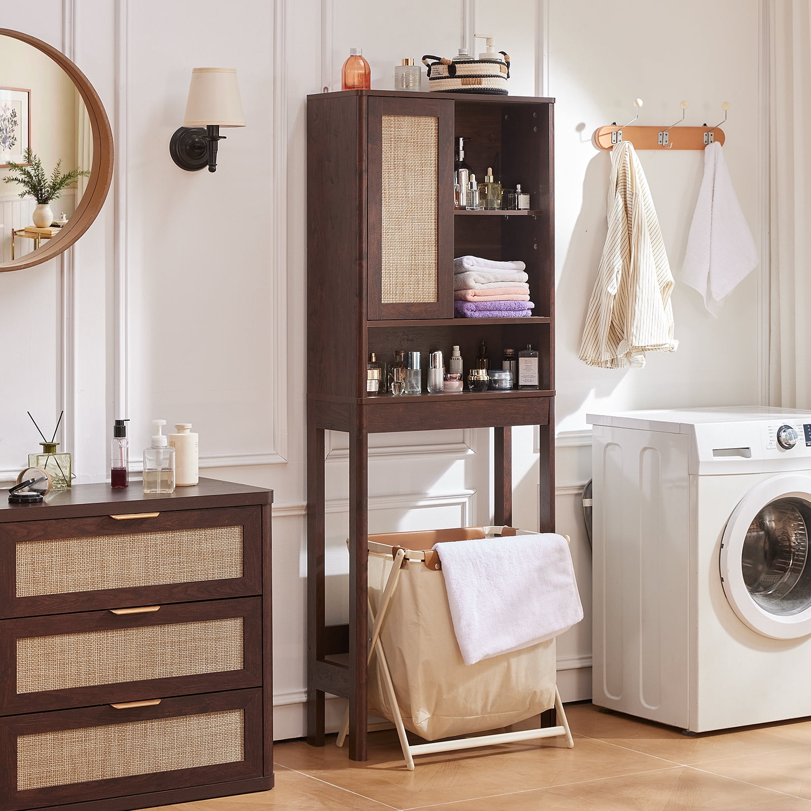 LELELINKY Over The Toilet Storage Cabinet with Rattan Sliding Door, 68" Tall Wood Bathroom Organizer with Adjustable Shelf for Small Spaces, Walnut