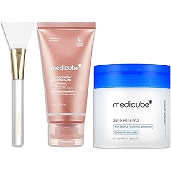 Korean Viral Duo for Glass Glow Skin: Zero Pore Pads 2.0 and Collagen Overnight Wrapping Peel Off Facial Mask Pack and Jelly Brush, Gifts for Her, Skin Care Set