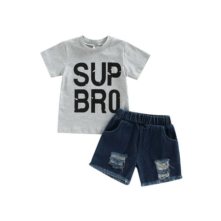 

Calsunbaby 2Pcs Toddler Infant Baby Boys Summer Clothes Short Sleeve Letter Print Tops + Elastic Waist Denim Shorts Grey 12-18 Months