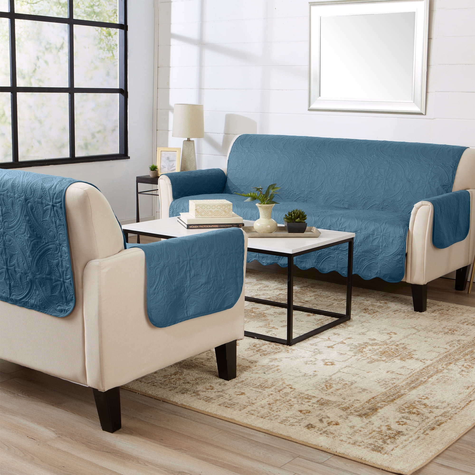 Reversible Quilted Furniture Protector, Machine Washable Slipcover, Sofa, Smoke Blue / Ivory