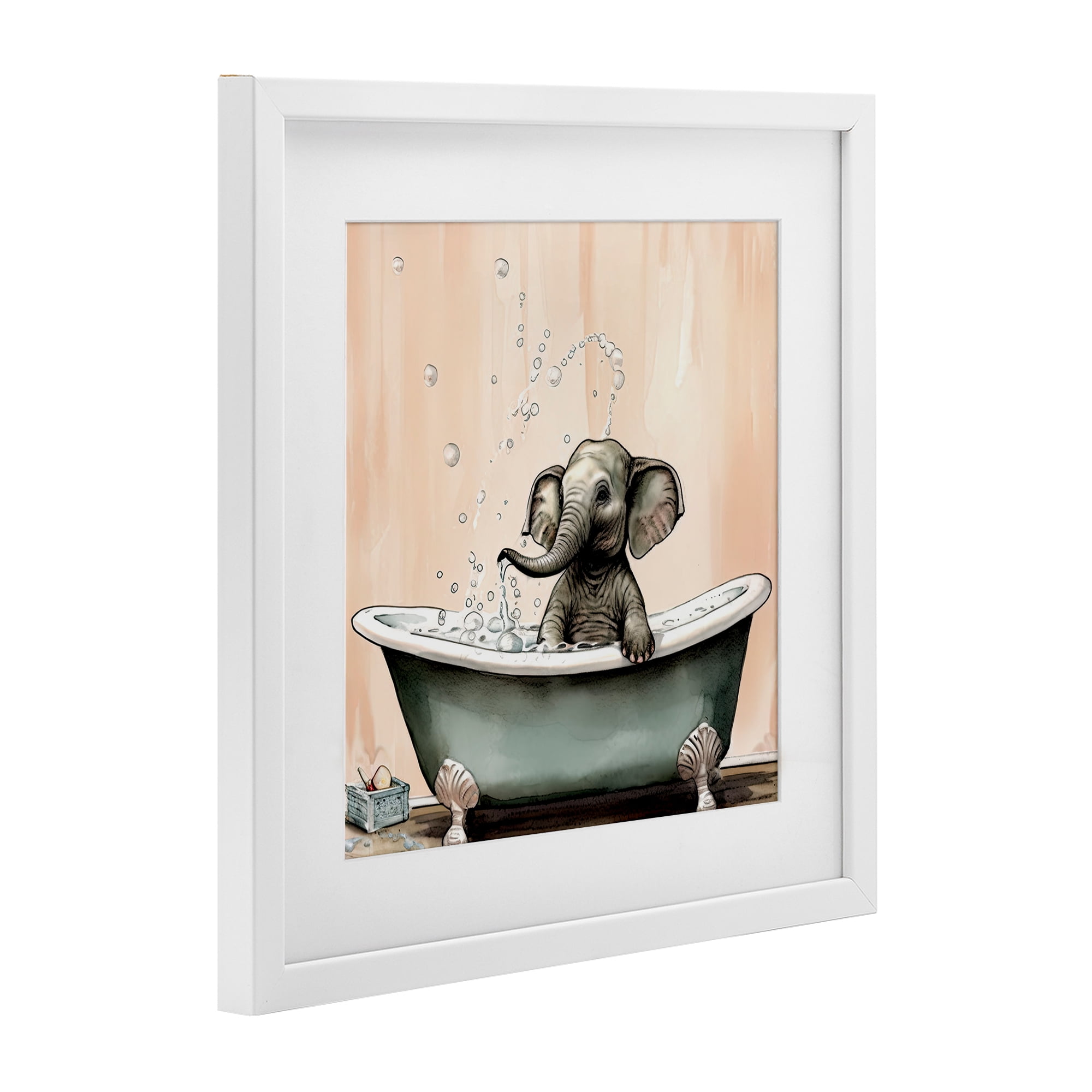 Baby Elephant Bubble Bath White Framed Print Under Glass, design by Sasha