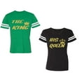 thumbnail image 1 of The King His Queen Unisex Couple Matching Cotton Jersey style T-Shirt Contrasting stripes on sleeves (Men Green / Women Black) (Men S / Women S), 1 of 3