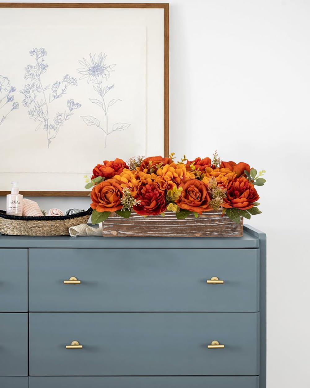 Flower Arrangement with Wooden Vase 14" Artificial Flowers in Pot - Fake Flowers Roses Peonies Hydrangeas in Wooden Vase Potted Flower Centerpieces for Table Decor Living Room - Dried Orange