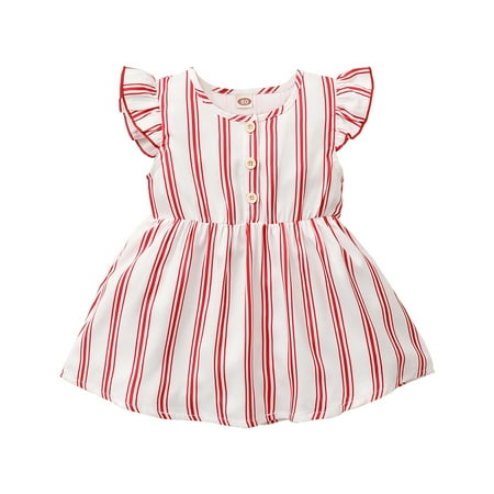 

KIMI BEAR Infant Girls Dress 12 Months Infant Girls Summer Dress 18 Months Infant Girls Cute Red And White Striped Fly-sleeve Dress
