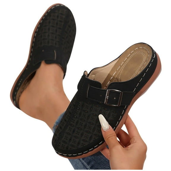 Casual Shoes for Women Fashion Hollow Solid Color Buckle Strap Closed Toe Sandals Thick Bottom Half Slippers Wedge Heels Women Clogs Comfortable Mules Sandals Slippers Breathable Shoes