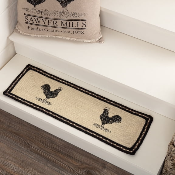 VHC Brands Farmhouse Flooring Miller Farm Charcoal Poultry Jute Latex Backing Stenciled Nature Print Rectangle Stair Tread, Bleached White