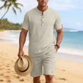 thumbnail image 4 of Summer Matching Set for Men Henley Neck Short Sleeve Shirts Shorts 2 Piece Casual Set Solid Color Relaxed Tracksuits XL, 4 of 9
