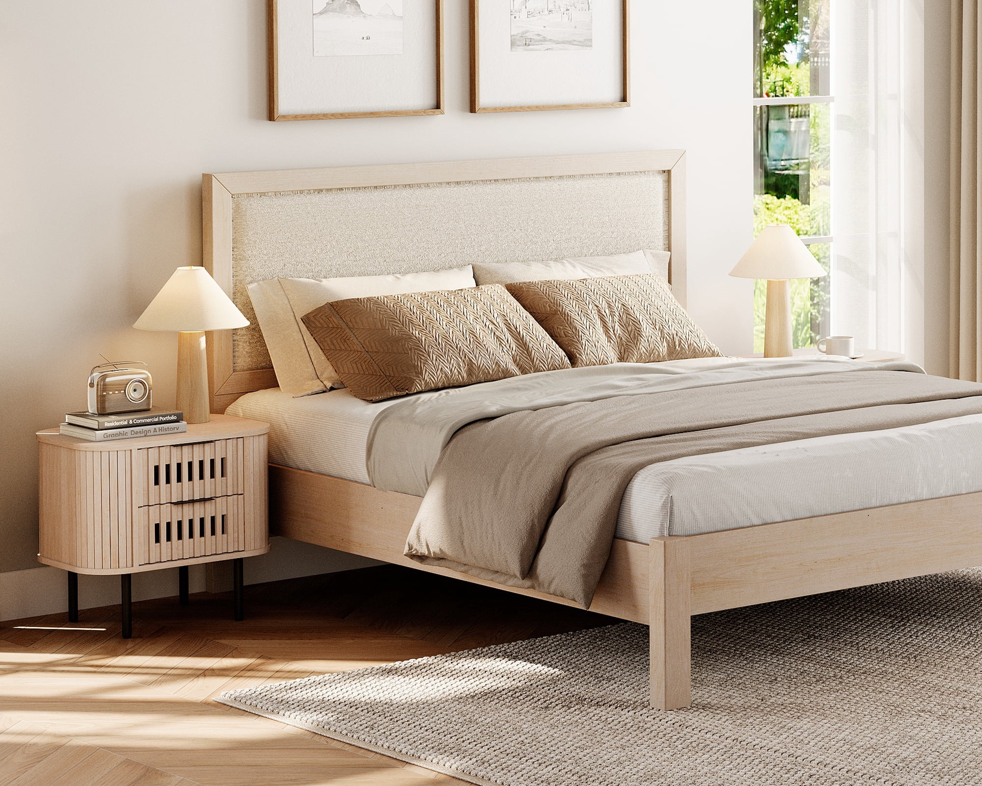 WAMPAT Set of 2 Fluted End Table with Storage, Modern Storage Nightstand with 2 Drawers for Living Room & Bedroom, Wooden Side Table, Natural