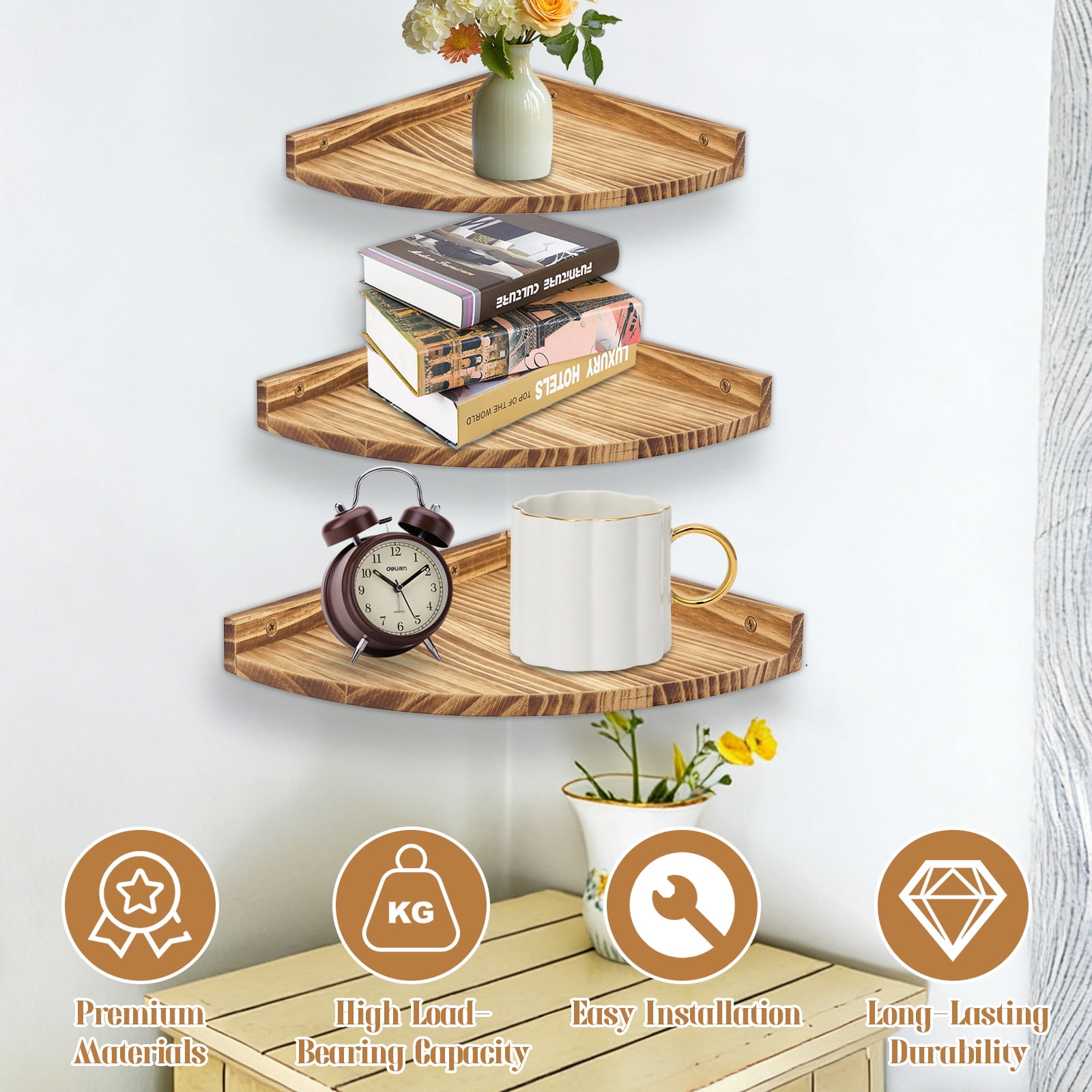 VEGCOO Rustic 3-Piece Solid Wood Wall Shelves Set - Triangular Corner Floating Shelves, Pine Wood Wall Fan Shaped Mounted Display Shelves, Easy Install for Bathroom, Kitchen, Living Room Decor