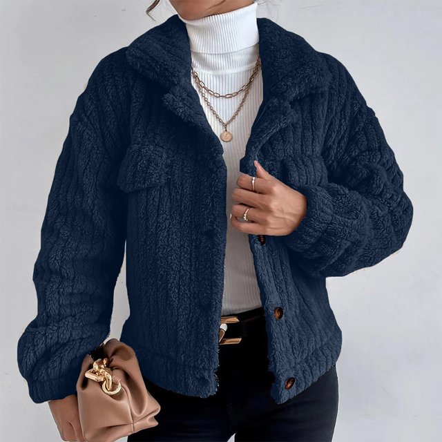 IROINID Veste Courte Décontractée pour Femme à Revers en Pointe, Blouson Bomber Uni à Manches Longues, Bleu Foncé