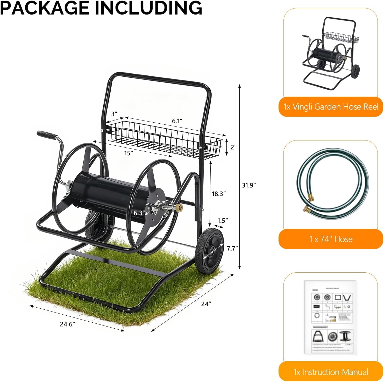 HJTER 2-Wheel Garden Hose Reel Cart, Freestanding Water Hose Reel for Outside with Heavy Duty Portable Rolling Design Metal, 200FT Capacity for 3/4" Hose for Outdoor Use (Black)