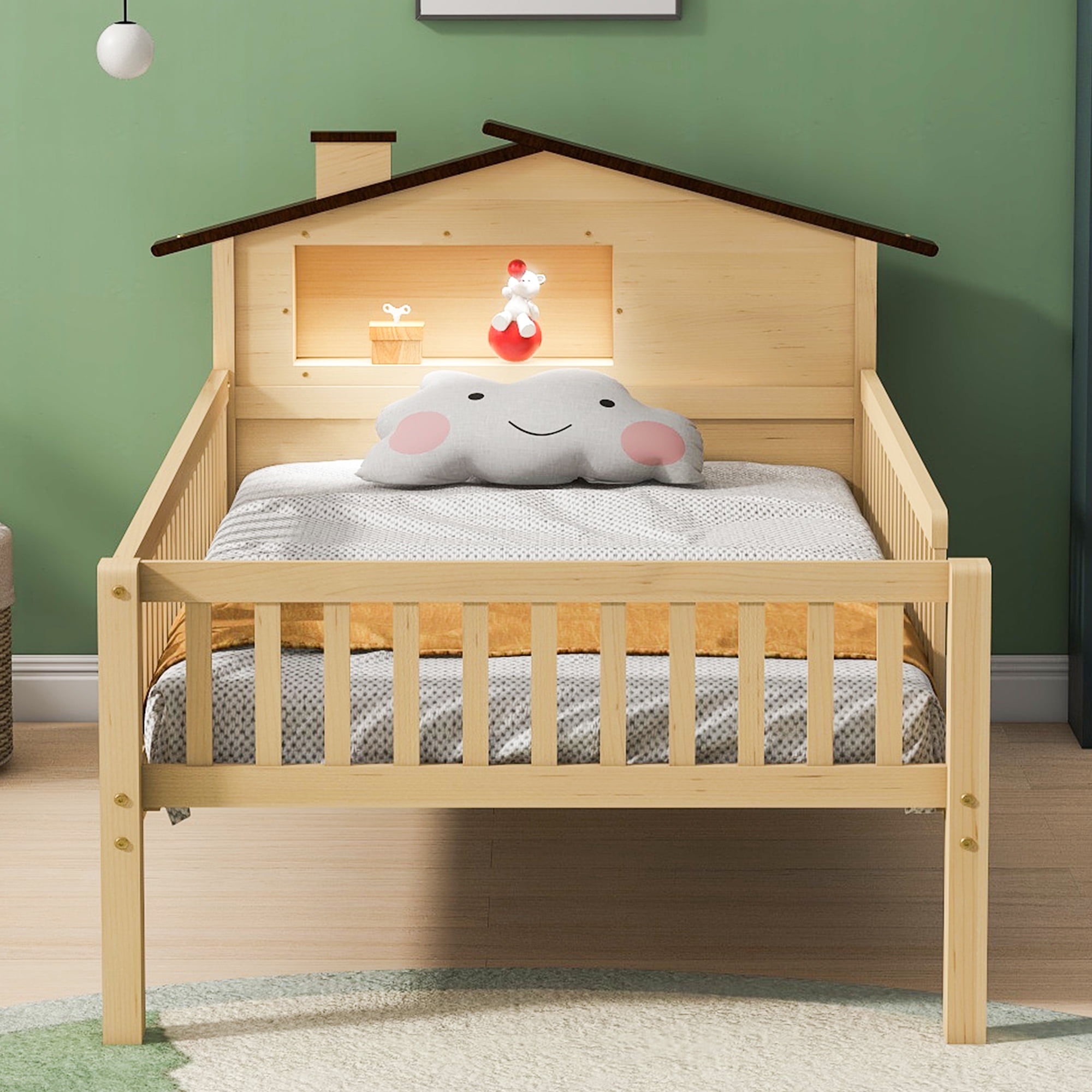 EUROCO Wood Twin Size Platform Bed Frame with House Like Roof and LED Light, Natural