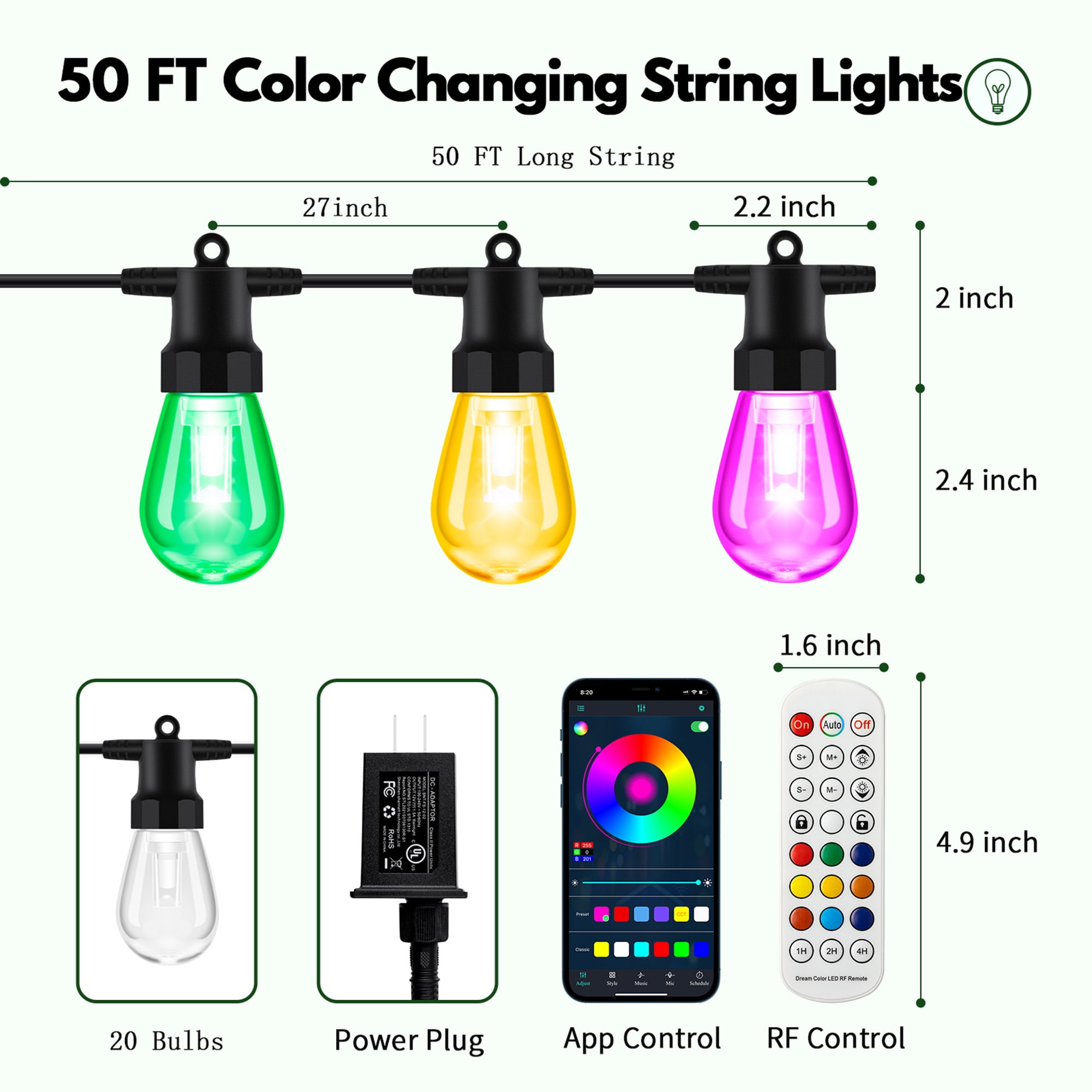 50ft Outdoor String Lights, RGB & Warm White Patio Lights with 20 Bulbs, Color Changing, App & Remote Control, Waterproof, Connectable, Backyard & Christmas Decor