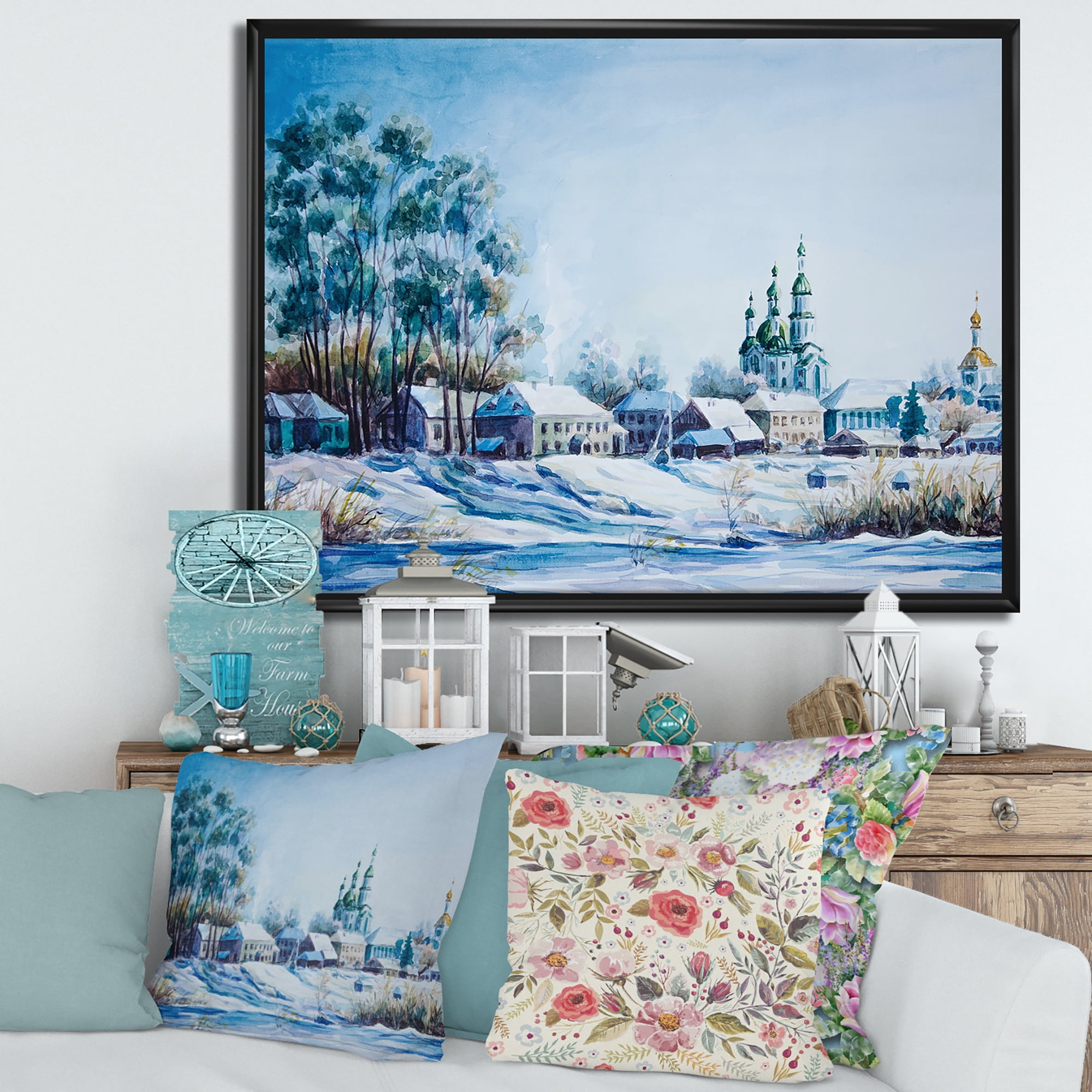 Designart 'Small Town Covered In Snow In Winter Times' Traditional Framed Canvas Wall Art Print