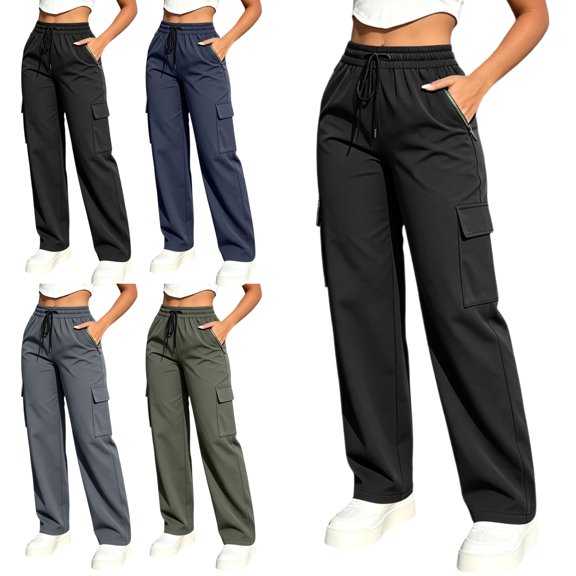 Womens Jogger Cargo Pants Elastic Waist Straight Leg Multi Pocket Casual Versatile Solid Trousers