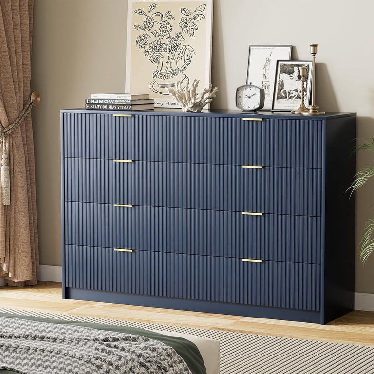 blue 8 drawer dresser Navy for Bedroom, Modern Dresser with Drawers and Smooth Slides, Wide Chest of Drawers with Golden Handles for Bedroom, Closet, 15.7