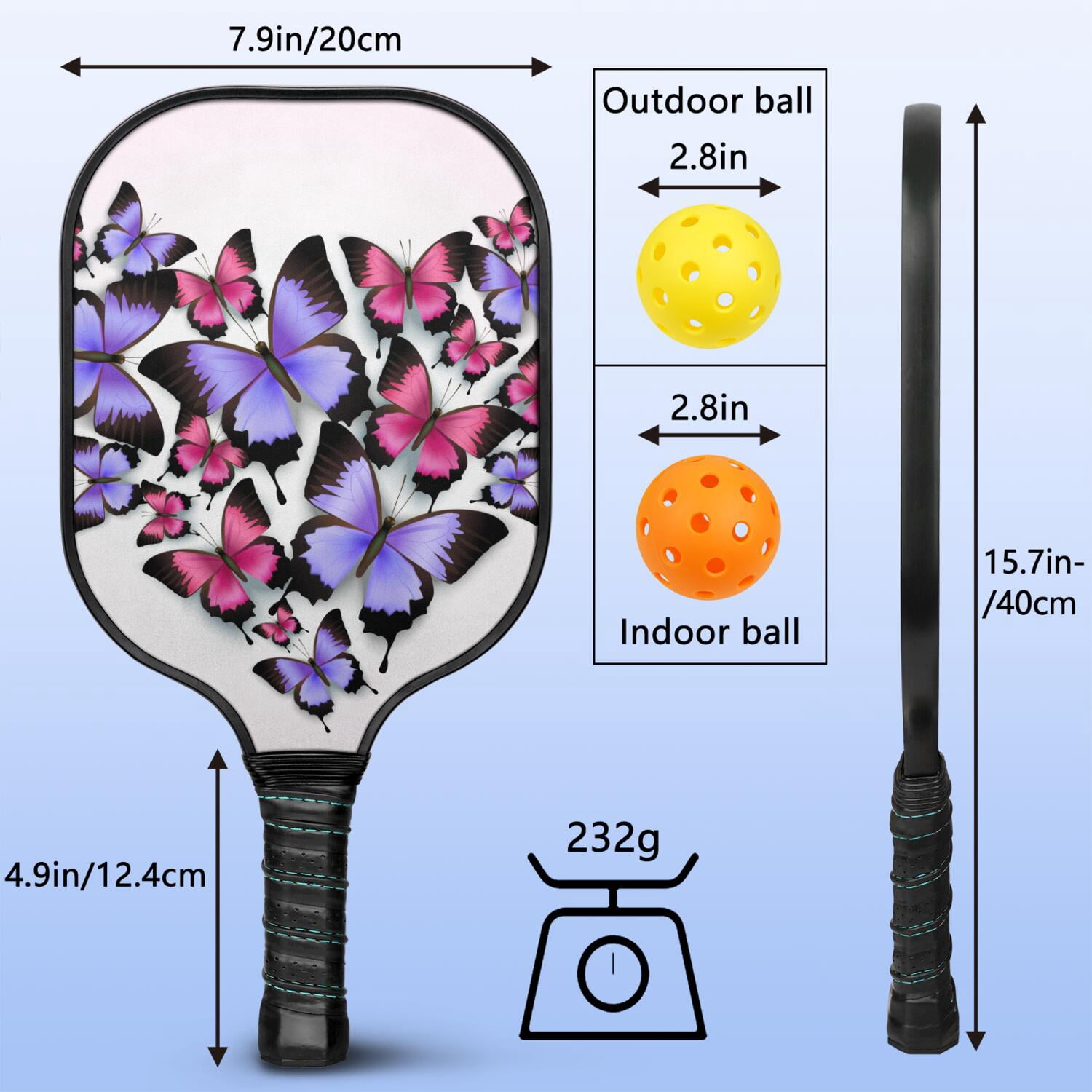 Pickleball Paddles Set Of 2, Fiberglass Surface, Vintage Floral & Butterfly, 4 Balls & Bag
