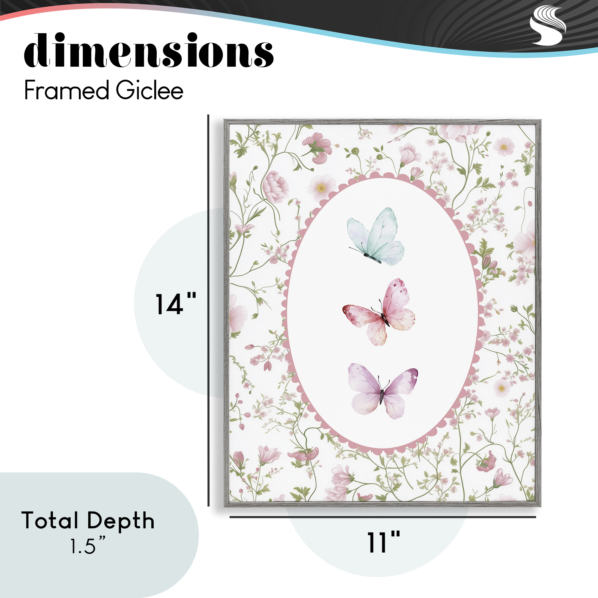 Delicate Florals & Butterfly Gray Framed Giclee Art, design by Christine Simpson Art