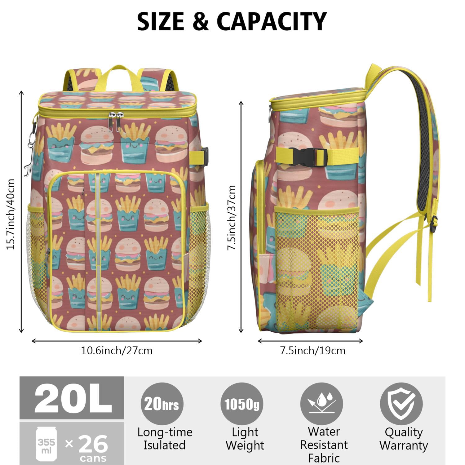 French Frie Cooler Backpack Insulated Waterproof Leak Proof Insulated Cooler Backpack Lightweight Lunch Picnic Camping Backpack Cooler for Office Workers Outdoor Enthusiasts