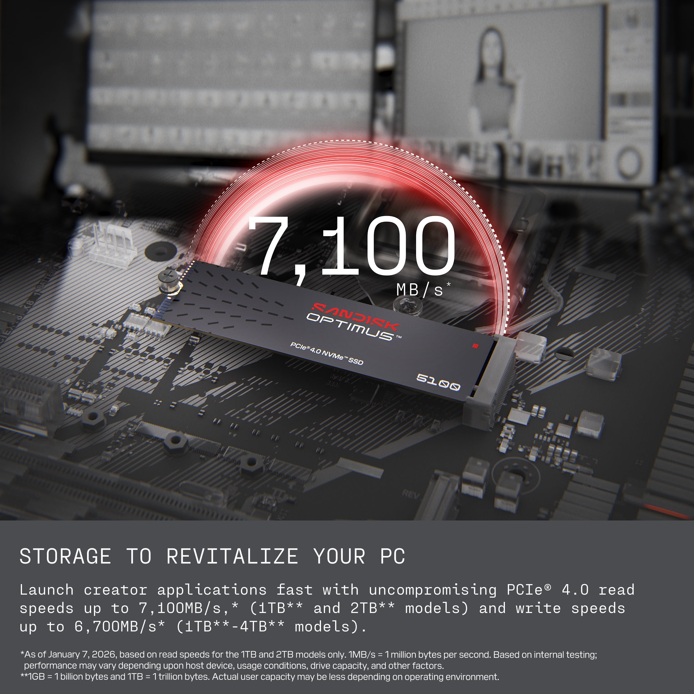 SANDISK Optimus 5100 1TB NVMe SSD - M.2 2280, PCIe Gen 4.0, Internal Solid State Drive - Read Speeds Up to 7,100MB/s, Upgrade Storage for PC/Laptops