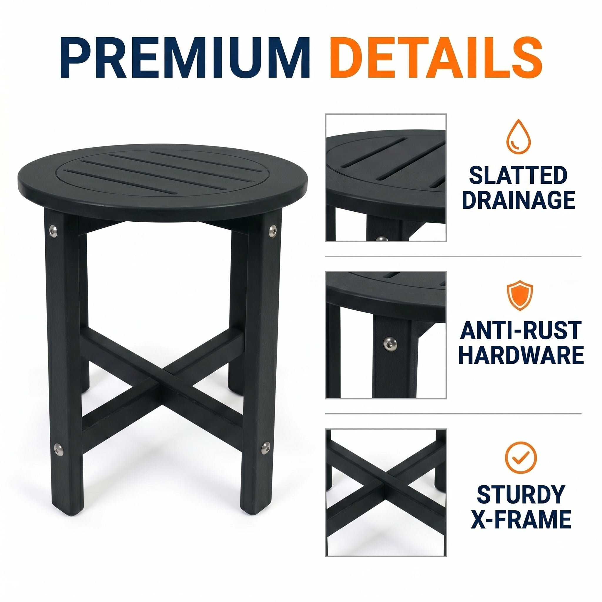 Black HDPE Outdoor Side Table, 15.94 in. L x 15.94 in. W x 17.71 in. H, Small All-Weather Patio End Table