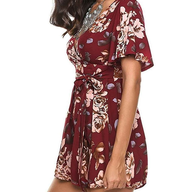 Maoww Été Playsuits Casual Bohème Imprimé V-Cou Combinaisons Plage Filles Rompers