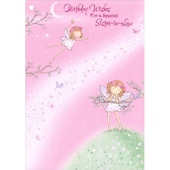 Designer Greetings Two Fairies, Sparkling Magic Dust, Butterflies and Crescent Moon Birthday Card for Sister-in-Law