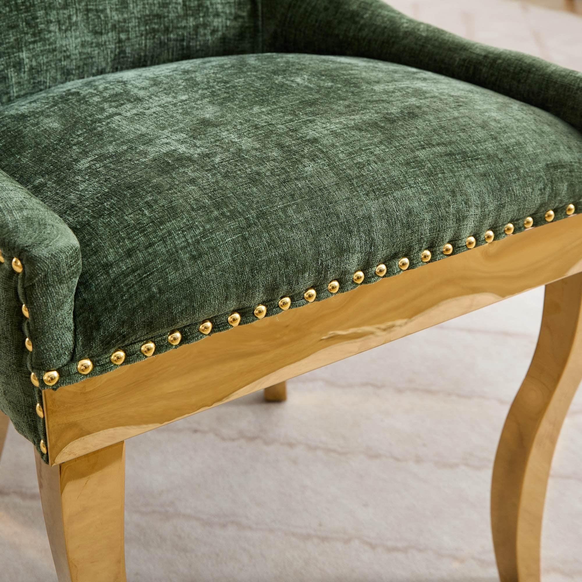 BSHTI Chenille Dining Chairs Set of 2, Green Textured Fabric Upholstered Chairs with Curved Gold-Plated Legs & Rivet Trim – Modern One-Piece Structure for Dining Room, Living Room, or Lounge