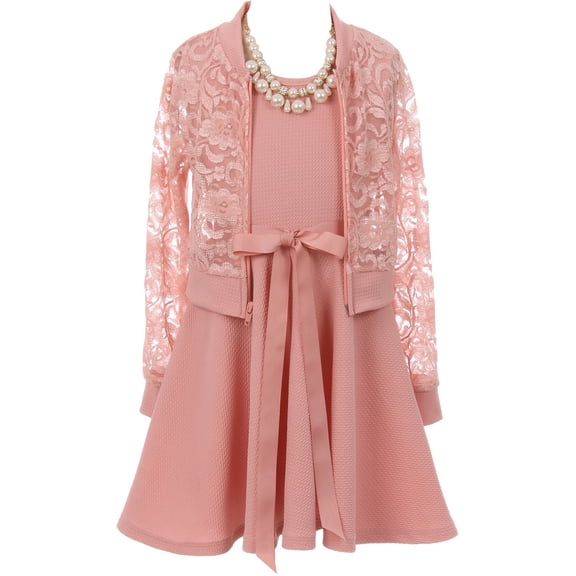 Little Girl Girls Set Floral Lace Jacket Round Neck Bow Holiday Flower Girl Dress Blush 4 JKS 2096