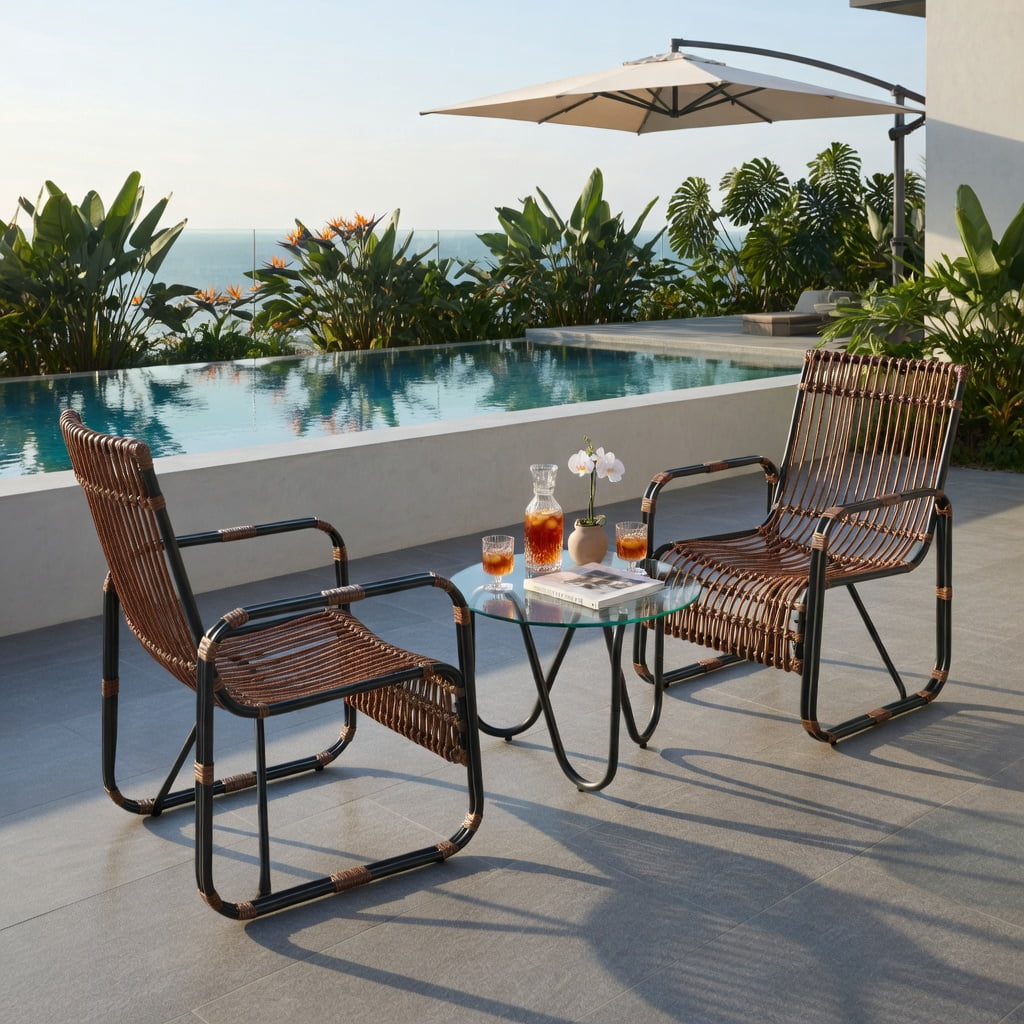 Hommoo 3-Piece Outdoor Rattan Patio Furniture Set, 2 Ergonomic Wicker Chairs + Tempered Glass Side Table for Balcony, Garden & Poolside， Brown & Black