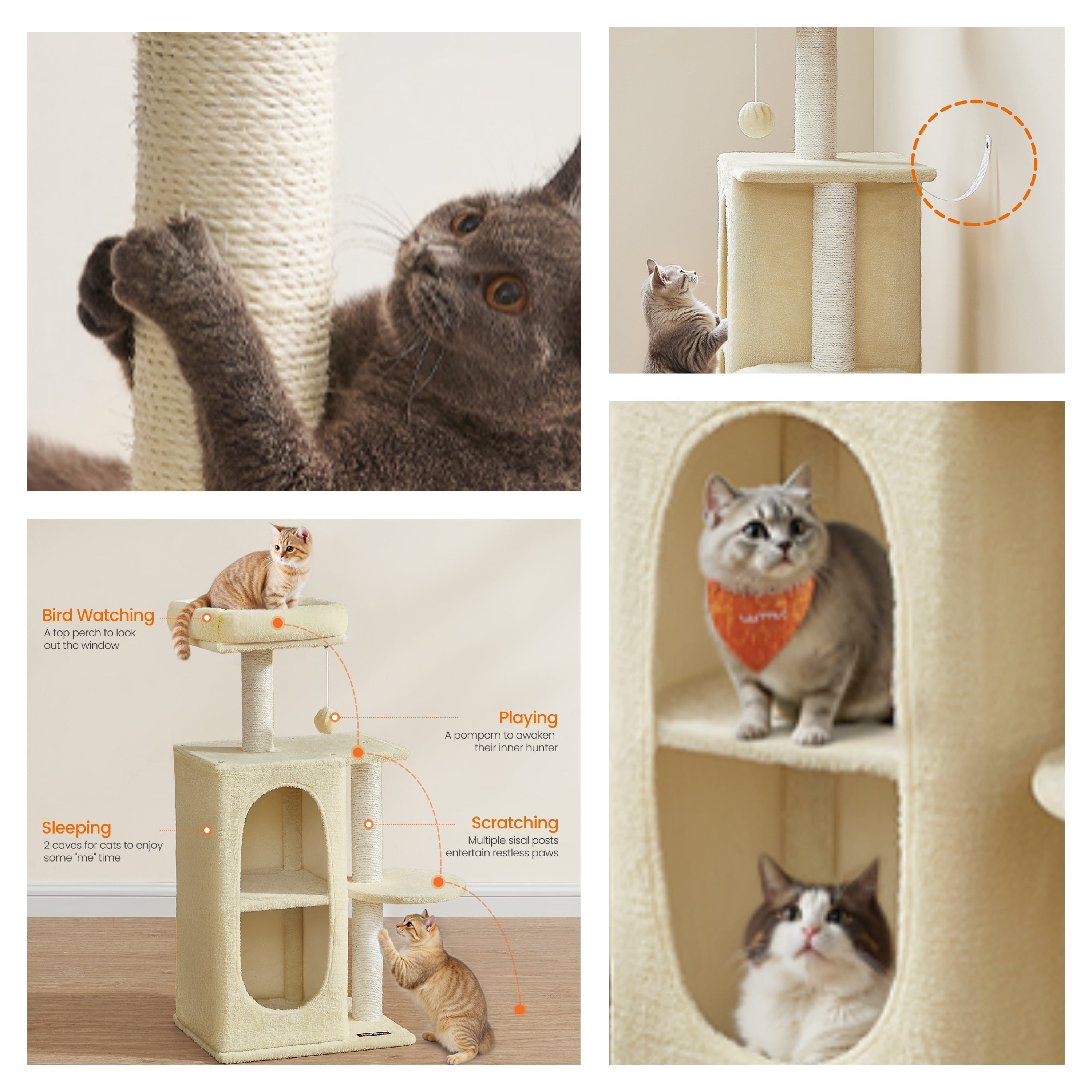 LEDREM 2-Level Cat Tree with Plush Caves & Scratching Posts, Compact Cat Tower for Indoor Cats and Kittens, Anti-Tip Design, Sand Beige