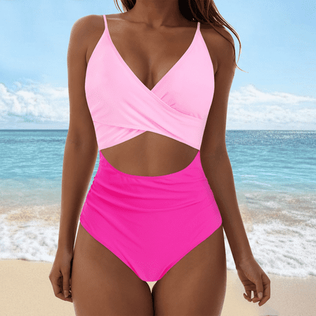 Fulorrnie One Piece Swimsuit for Women Tummy Control High Waisted V Neck Cutout Bathing Suit Adjustable Strap Ruched Swimwear Light Pink L