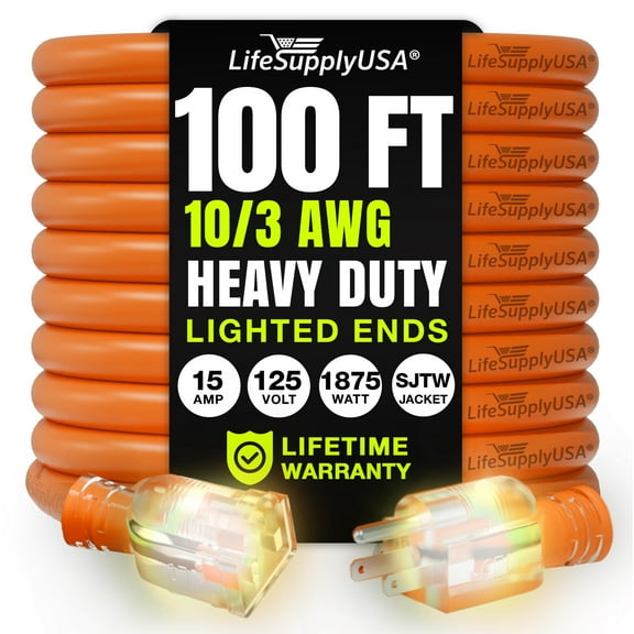 100ft Outdoor/Indoor Extension Cord 10/3 Gauge Ultra Heavy Duty 3 Prong SJTW, Waterproof, Flexible Cold-Resistant Long Power Cord,15A 125V 1875W, Orange by LifeSupplyUSA